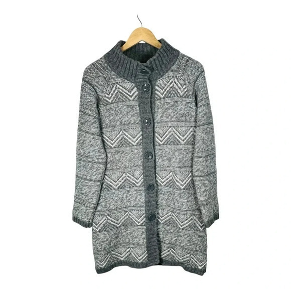 Maryline Italian Wool Blend Cardigan Sweater Fair Isle Gray Women Size Medium - Picture 1 of 8